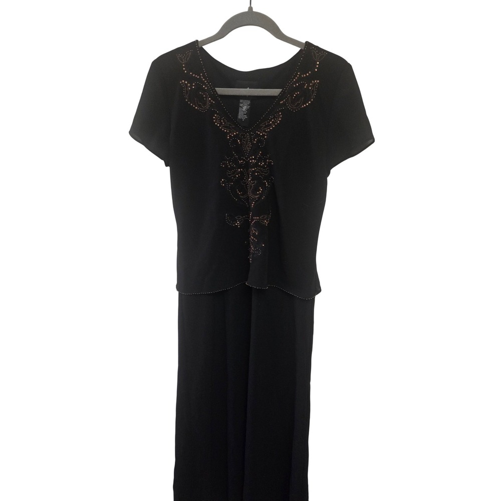 Vintage 80s POSITIVE ATTITUDE Black Beaded V Neck Short Sleeve Maxi Dress Size 6